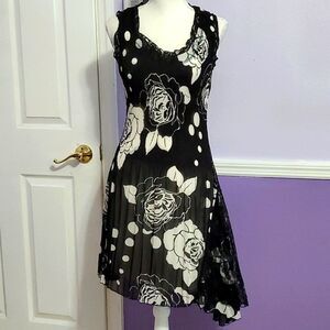 Black White Roses Pleated Texture Asymmetrical Event Chic Sleeveless Dress